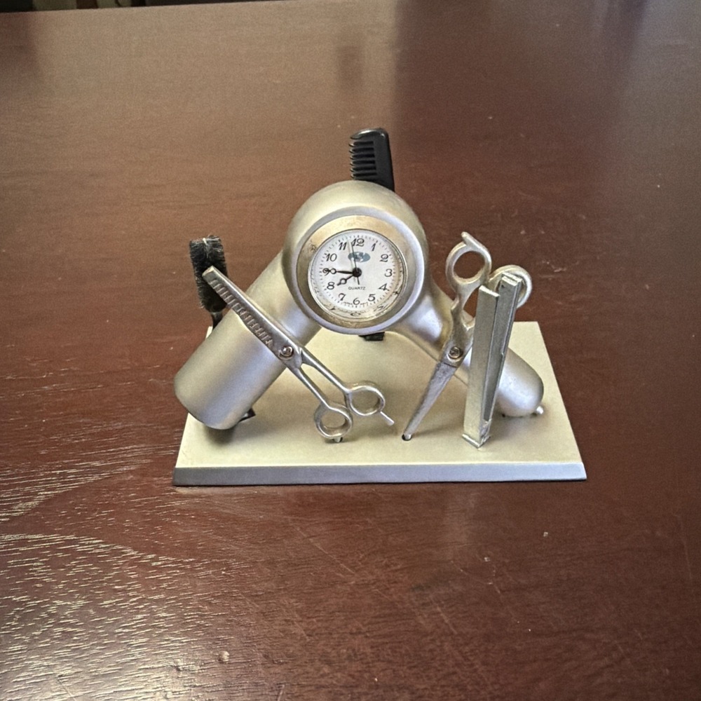 Beauty Salon Hairdresser Metal Desktop Clock Chrome 3" Silver China Case Quartz